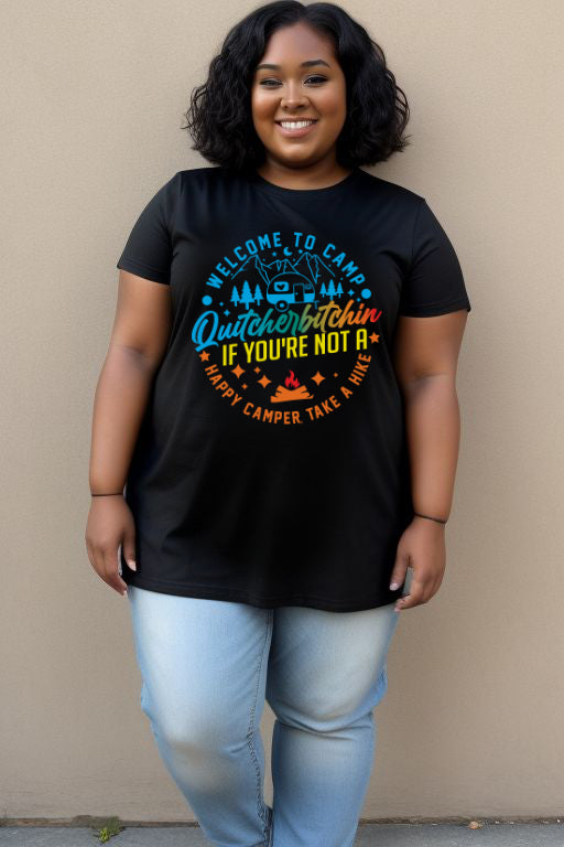 Plus Size Woman Wearing Welcome to Camp Funny Tee