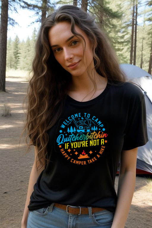 Woman Wearing Welcome to Camp Funny Tee