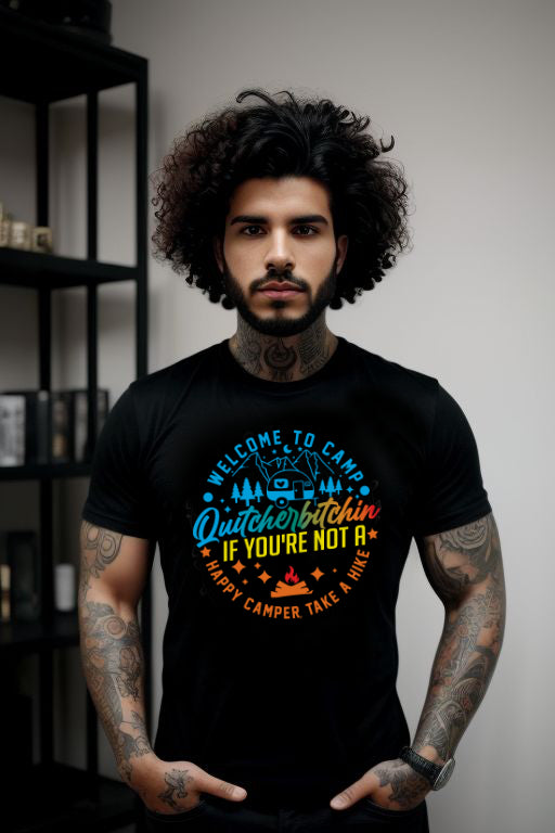 Alternative Tattoo'd Man Wearing Welcome to Camp Funny Tee