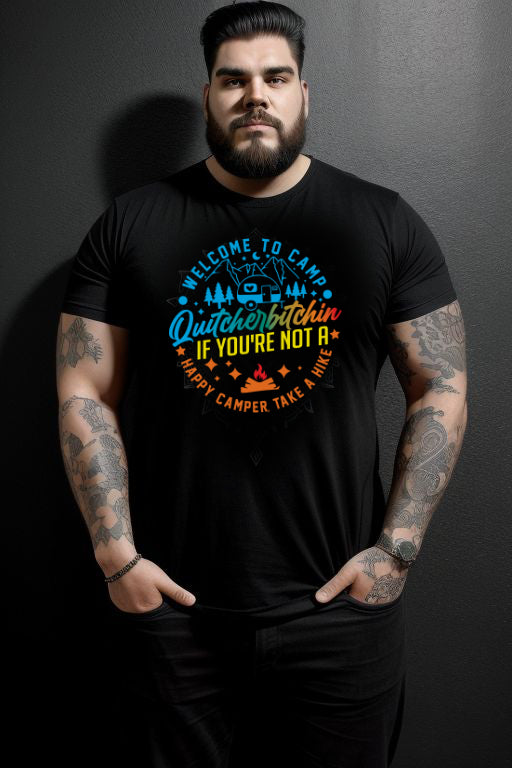 Alternative Tattoo'd Plus Size Man Wearing Welcome to Camp Funny Tee