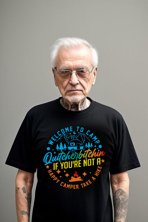 Senior Man Grandpa with Tattoos Wearing Welcome to Camp Funny Tee