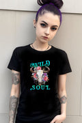 Cowgirl Strength Tee featuring "Wild Soul" design with floral bull skull, embodies feminine energy and western spirit.