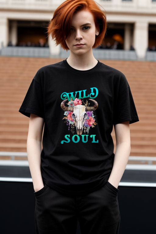 Cowgirl Strength Tee featuring "Wild Soul" design with floral bull skull, embodies feminine energy and western spirit.