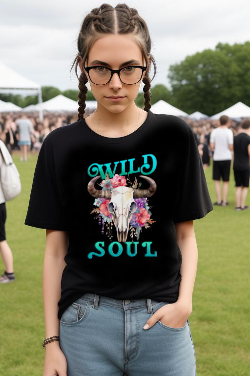 Cowgirl Strength Tee featuring "Wild Soul" design with floral bull skull, embodies feminine energy and western spirit.