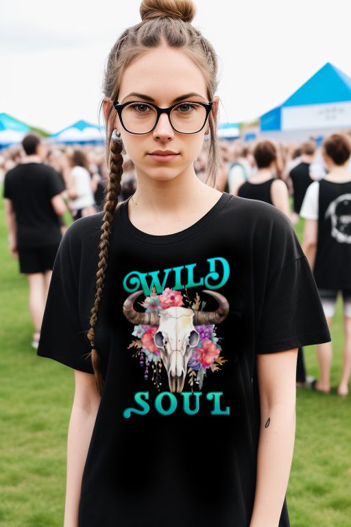 Cowgirl Strength Tee featuring "Wild Soul" design with floral bull skull, embodies feminine energy and western spirit.
