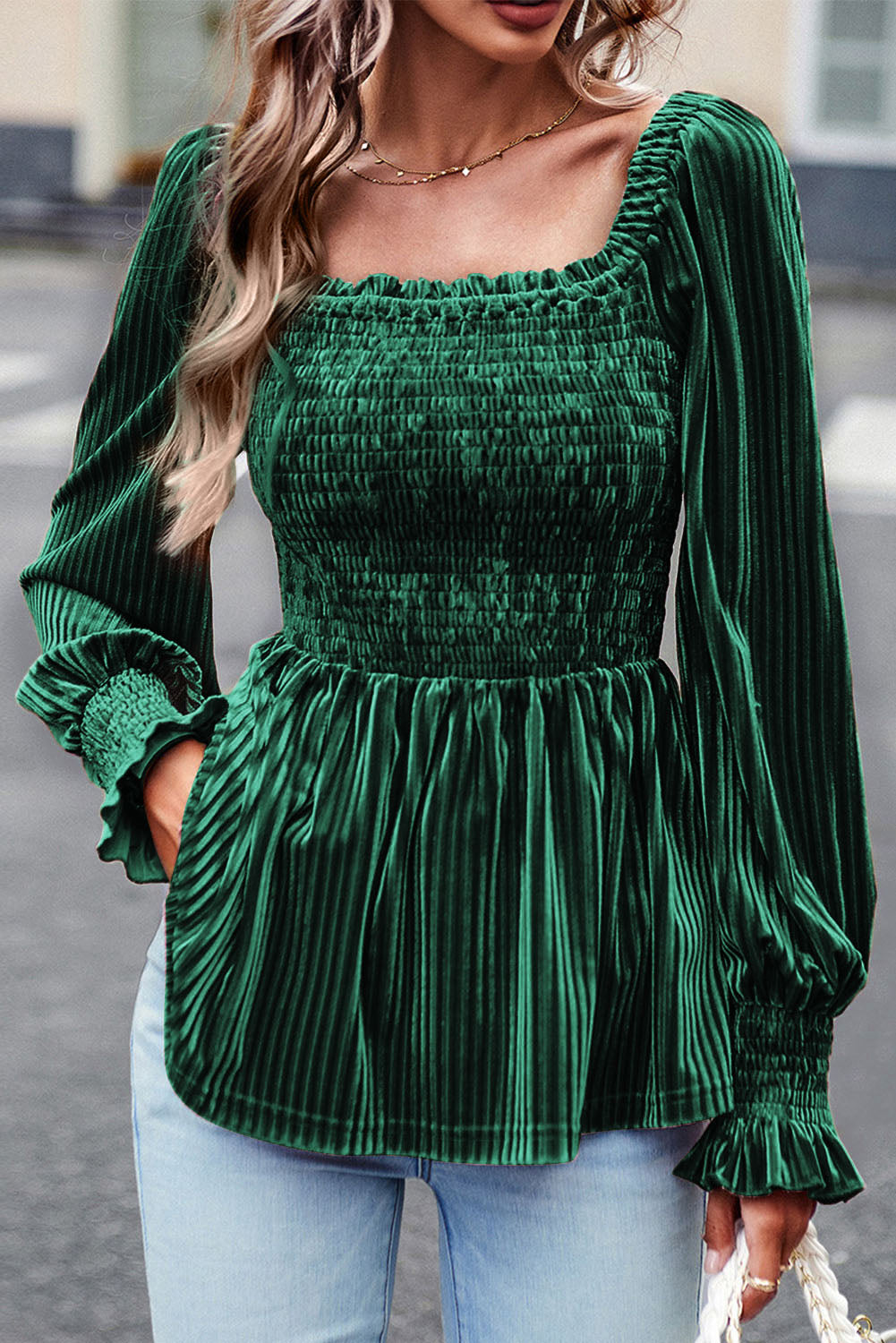 Emerald Velvet Babydoll Top