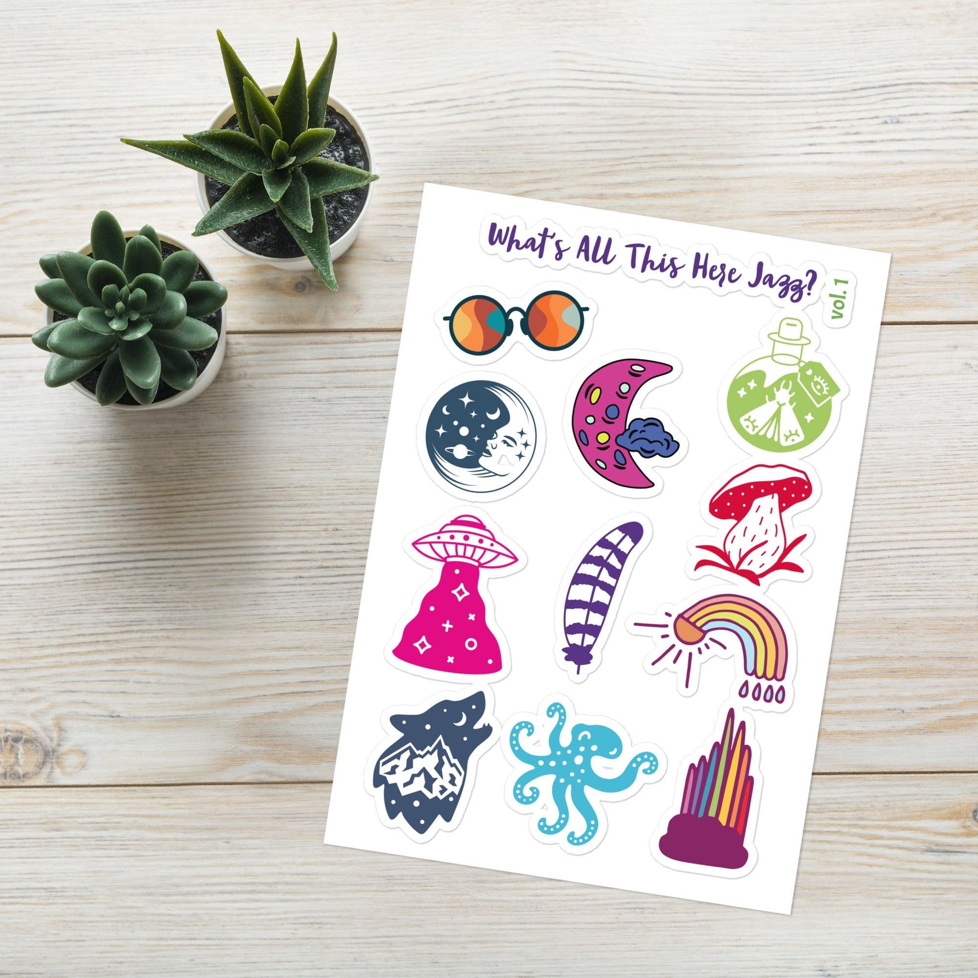 What's All This Here Jazz? Sticker Sheet Set Vol.1"Express yourself with our vibrant and one-of-a-kind art and design stickers, perfect for adding a pop of creativity to your everyday items!" Each Sticker Sheet Set StickerDesign + CountryDesign + CountrySticker Sheet Set Vol