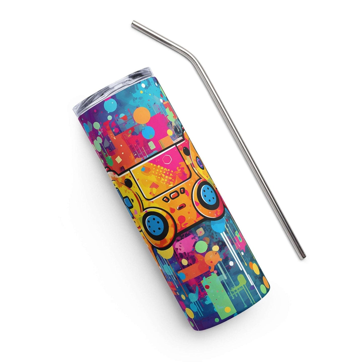 Controller Vibes Stainless Steel TumblerIntroducing the Controller Vibes Tumbler, a must-have for enthusiasts of video games. This tumbler features an abstract and bright design, with graffiti-inspired eleTumblerDesign + CountryDesign + CountryController Vibes Stainless Steel Tumbler